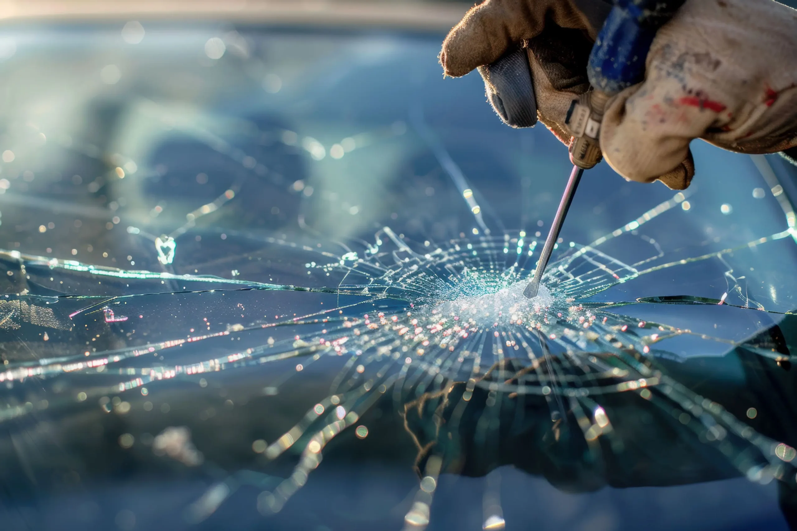 Technician working on cracked automotive windshield glass