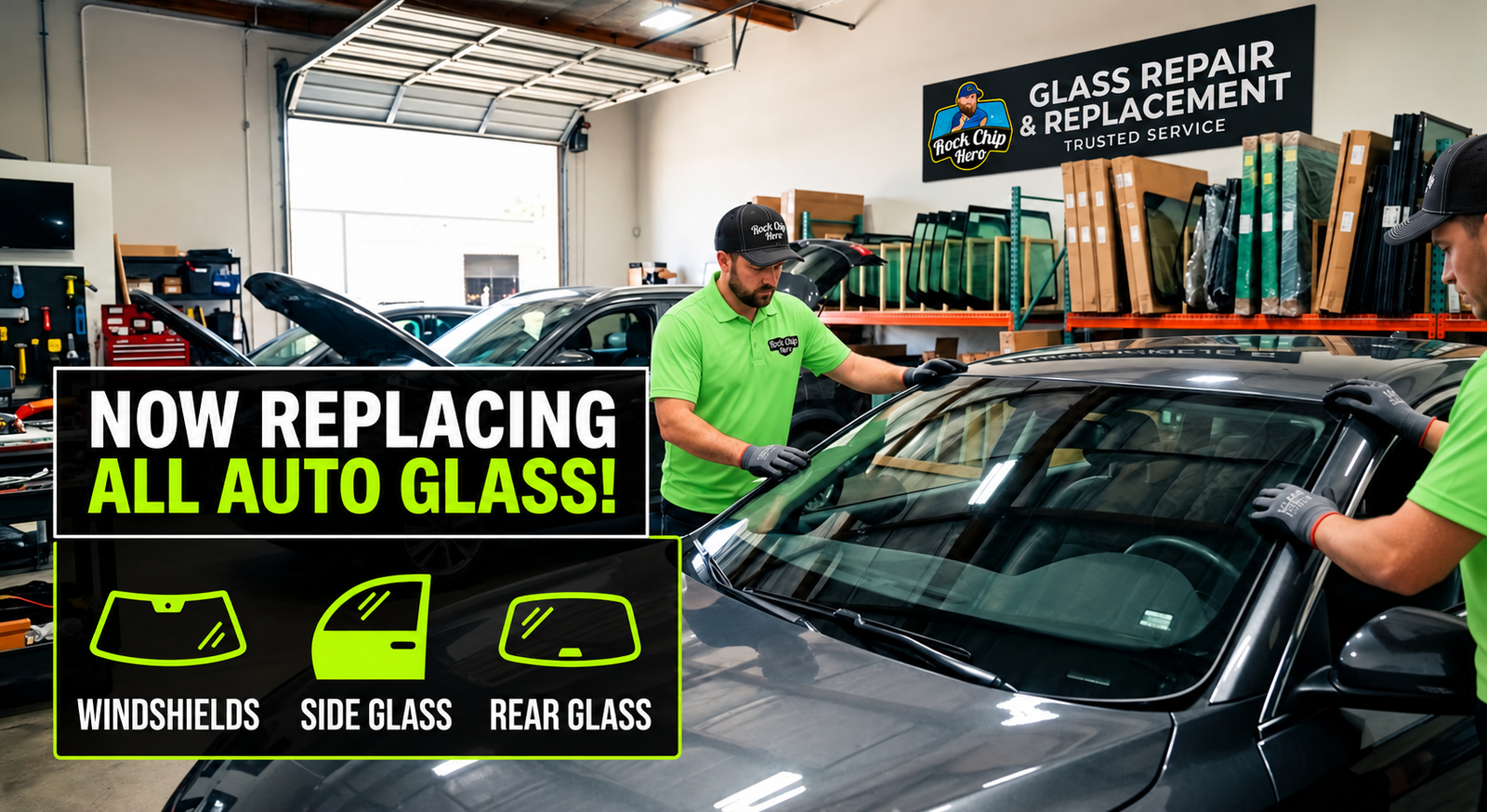 Rock Chip Hero technicians in lime green uniforms replacing a windshield. Automotive glass replacement includes windshields, side glass, and rear glass.